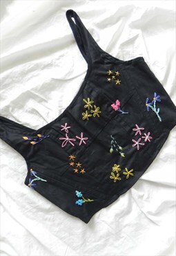 REWORKED Hand Embroidery Denim Corset Floral Ditsy Crop Top