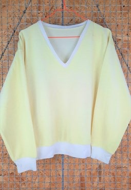 1980s Pastel Yellow Cropped V Neck Jumper