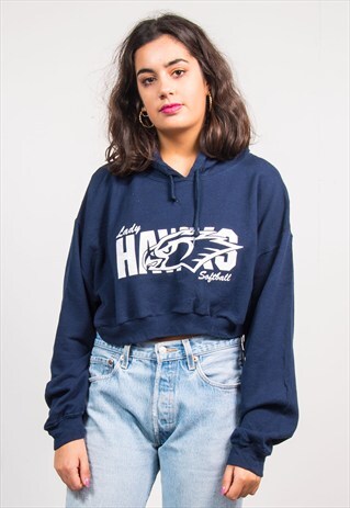 VINTAGE 90'S NAVY BLUE COLLEGE REWORK CROPPED HOODIE