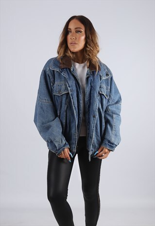 VINTAGE DENIM BOMBER JACKET OVERSIZED FITTED UK 16 XL (JBG)