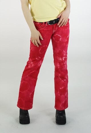 VINTAGE 90S RED TIE DYE FLARED JEANS TROUSERS