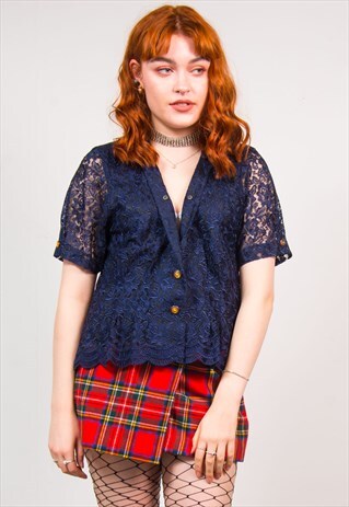 VINTAGE 90'S NAVY BLUE FLORAL LACE LOW CUT NECK BLOUSE