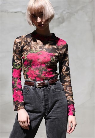 Y2K RAVE FLORAL PATTERN TRANSPARENT BLOUSE