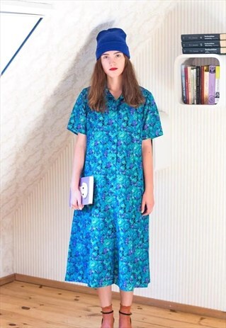 BRIGHT BLUE FLORAL SHORT SLEEVE SHIRT STYLE DRESS