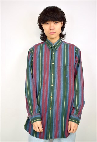 VINTAGE 90S NAUTICA GREEN/MAROON/BLUE STRIPED SHIRT