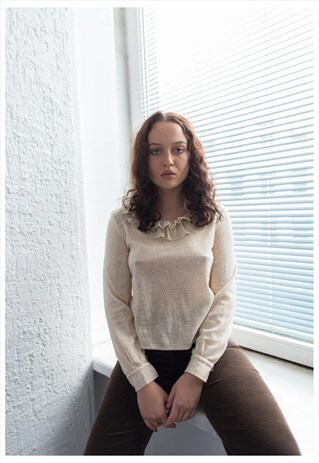 VINTAGE 70'S CREAM/GOLDEN GLITTER FRILL COLLAR BLOUSE