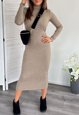 justyouroutfit Beige Basic Roll Neck Ribbed Dress