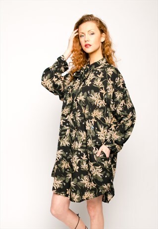 CY MULTI FLORA DAISY PRINT LONG SLEEVES SHIRT DRESS IN BLACK