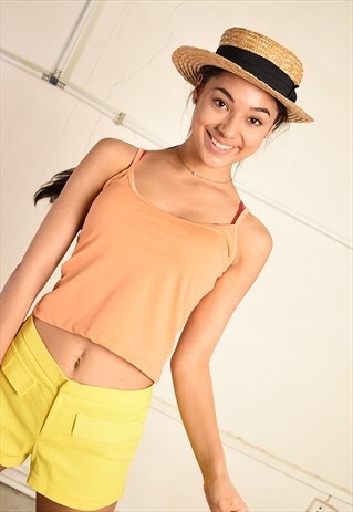 VINTAGE Y2K RETRO BASICS STRAP LYCRA TOP IN PEACH PASTEL