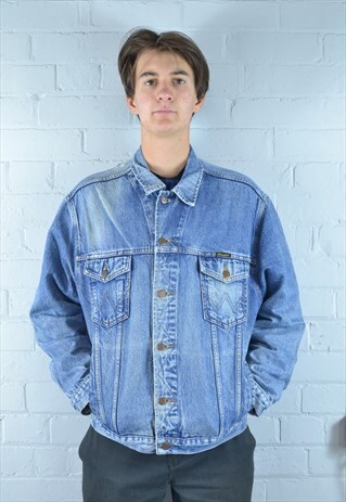 VINTAGE WRANGLER MID BLUE DISTRESSED DENIM JACKET