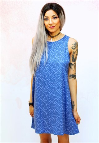 1990S VINTAGE BLUE DITSY FLORAL SHIFT MINI DRESS