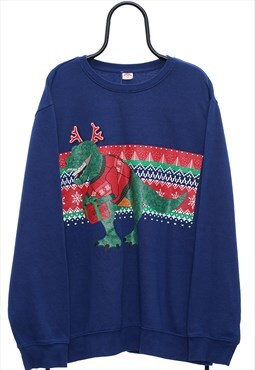 Vintage Christmas Dinosaur Graphic Blue Sweatshirt Womens
