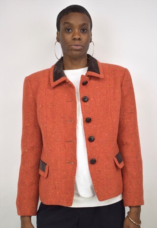 VINTAGE 90S ORANGE BROWN TWEED BLAZER JACKET