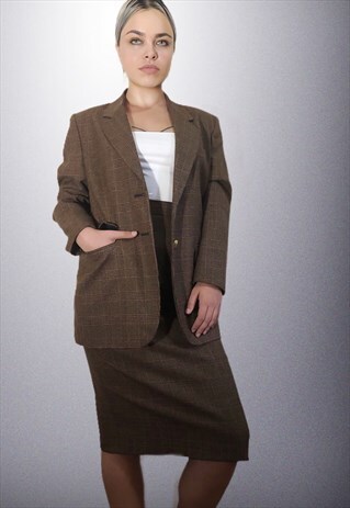 VINTAGE TWO PIECE PENCIL SKIRT BLAZER BROWN PLAID SUIT