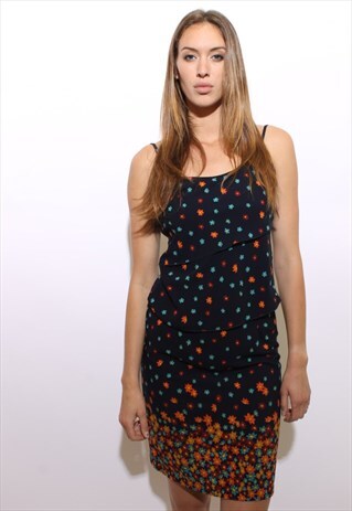 VINTAGE 1990'S 90'S 2-PC. SKIRT TANK DRESS FLORAL PRINT S-M