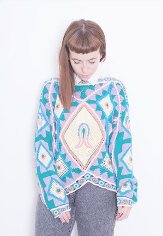 VINTAGE CROCHET KNIT MULTI COLOURED CROPPED JUMPER