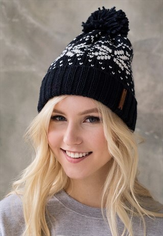 SNOWSTAR BEANIE HAT FAIR ISLE KNITTED PRETTY CUTE KNIT NAVY