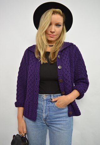 VINTAGE 90S PURPLE MERINO WOOL CABLE KNIT CARDIGAN GRUNGE