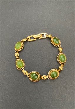 70's Vintage Ladies Bracelet Gold Costume Jewellery Green 