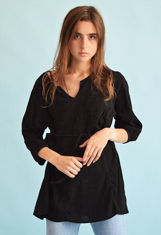 90'S RETRO BOHO CORRUGATED EMBROIDERY TIE UP TUNIC TOP