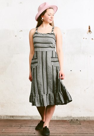 VINTAGE 80S MONOCHROME STRIPE FRILL HEM DRESS