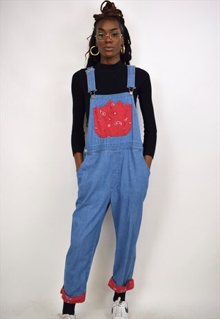 VINTAGE 90S DENIM RED PAISLEY PATCH DUNGAREES