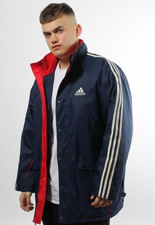 VINTAGE ADIDAS NAVY PADDED COAT WITH RED & WHITE TRIM