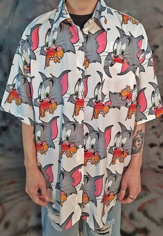 SHORT SLEEVE CAT & MOUSE PRINT SHIRT TOM & JERRY Y2K TOP