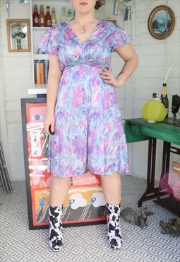 Vintage 60s Blue Abstract Floral Flowery Pattern Midi Dress