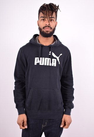 PUMA MENS VINTAGE HOODIE JUMPER LARGE BLACK 90'S