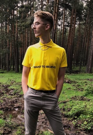 I WANT TO BELIEVE SLOGAN YELLOW COTTON POLO SHIRT