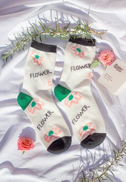 Pink Green Black Illustrated Floral Text Socks