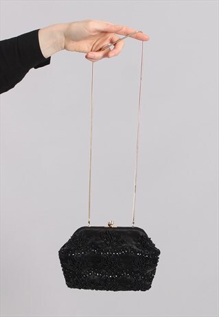 VINTAGE 80S BEADED SATIN GOLD STRAP PURSE EVENING BAG