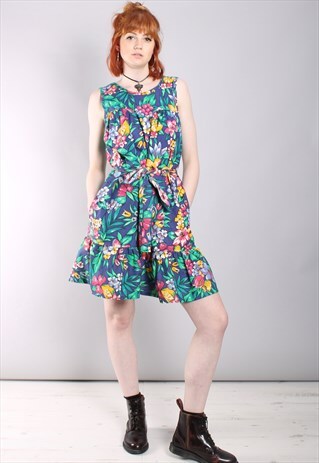 VINTAGE 70S FLORAL FRUIT PATTERNED MINI SUMMER DRESS