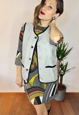 1990's vintage hand woven grey texted vest with black trim