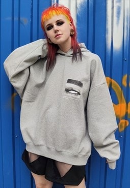 Creepy eye print hoodie drop shoulder premium pullover grey