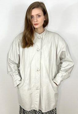 Oversized White Leather Jacket with Padded Shoulders