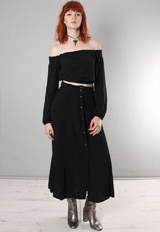 VINTAGE 80S BLACK TEXTURED LONG BUTTON SKIRT