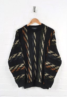 Vintage Knitted Jumper 80s Pattern Black Large