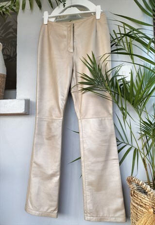 VINTAGE PEARL BEIGE REAL LEATHER NEXT KICK FLARE TROUSERS