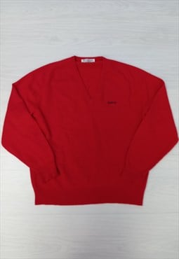 Vintage Jumper Red Wool Long Sleeve V Neck