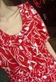RED ABSTRACT PLEATED DRESS, MIDI DRESS, HALF SLEEVE DRESS