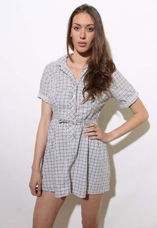 VINTAGE 1950'S 50'S CHECKERED WHITE COTTON SHIRT DRESS S-M
