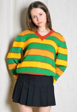 Vintage 70s Hand Knitted Green Yellow Striped V-Neck Sweater