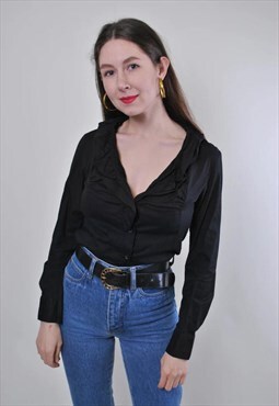 Black ruffle blouse, vintage formal blouse, Size M