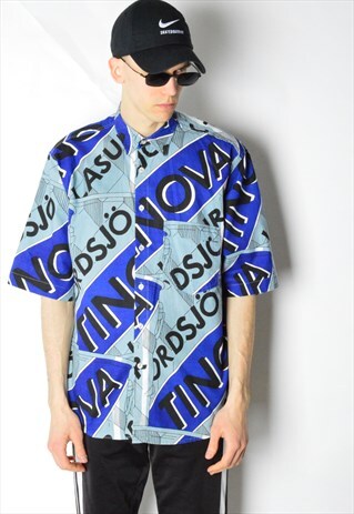 VINTAGE 80S BLUE COLOUR BLOCK BOLD SHORT SLEEVE SHIRT