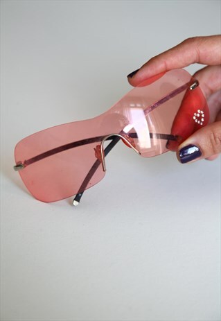 VINTAGE CHROME RIMLESS FRAME, PINK LENSES