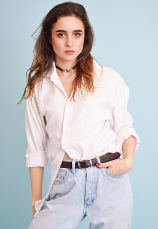 90'S WHITE PATTERNED MINIMALIST BOYFRIEND'S OVERSIZED SHIRT