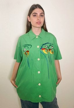 Vintage 90s ICEBERG parrots green popeline shirt 