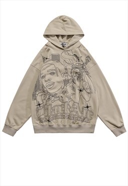 Embroidered hip-hop hoodie Rapper print Y2K pullover cream